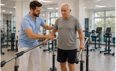 Fisioterapeuta auxiliando paciente em treino de marcha com barras paralelas durante reabilitação em clínica de fisioterapia