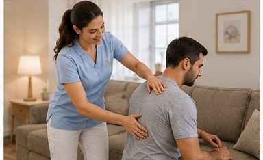 Fisioterapeuta realizando avaliação postural em paciente durante atendimento domiciliar em ambiente residencial confortável