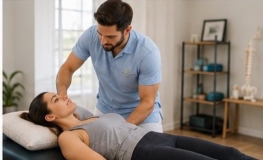 Fisioterapeuta realizando terapia manual cervical em paciente deitado em maca de tratamento