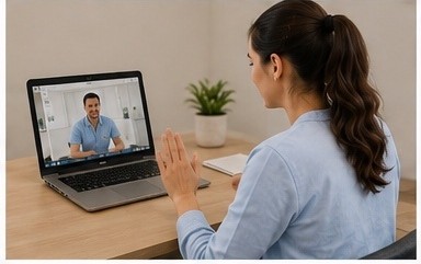 Paciente em videochamada de acompanhamento remoto com fisioterapeuta a partir de casa