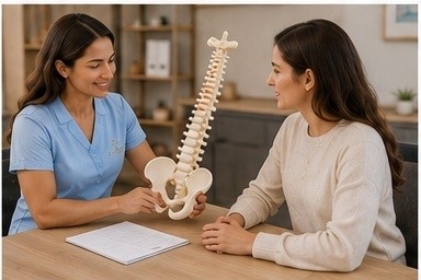 Fisioterapeuta explicando anatomia da coluna com modelo educativo para paciente durante consulta